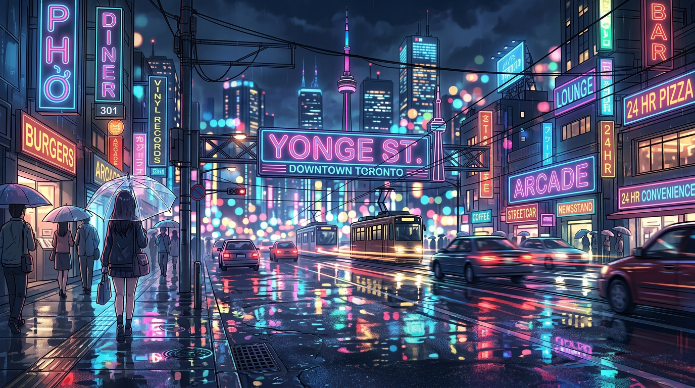 Rainy Tokyo street with neon signs, pedestrians holding umbrellas, cars, and trams at night