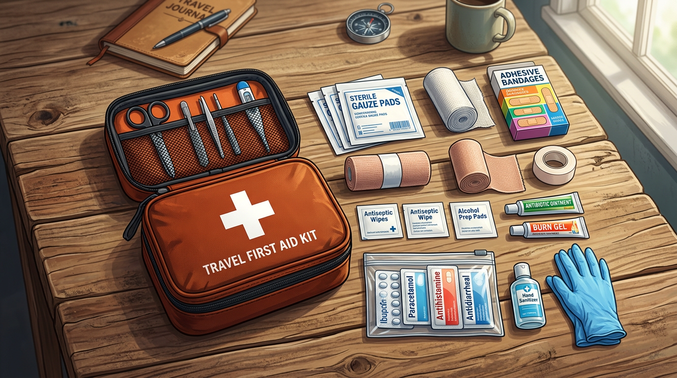 Travel first aid kit with medical supplies including gauze pads, bandages, antiseptic wipes, medications, ointments, gloves, and tools.