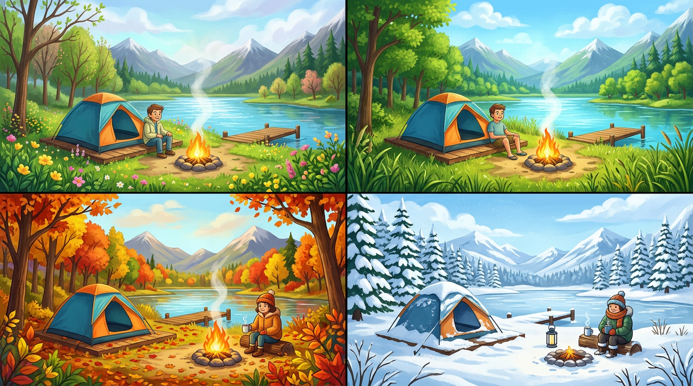 Four scenes of a camper by a tent and campfire near a lake in spring, summer, autumn, and winter