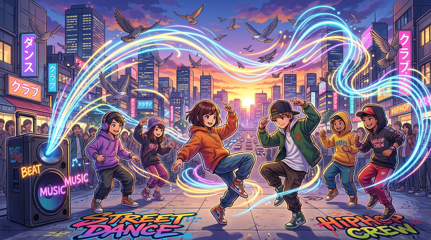 Group of young hip hop dancers performing energetic moves on a city street at sunset