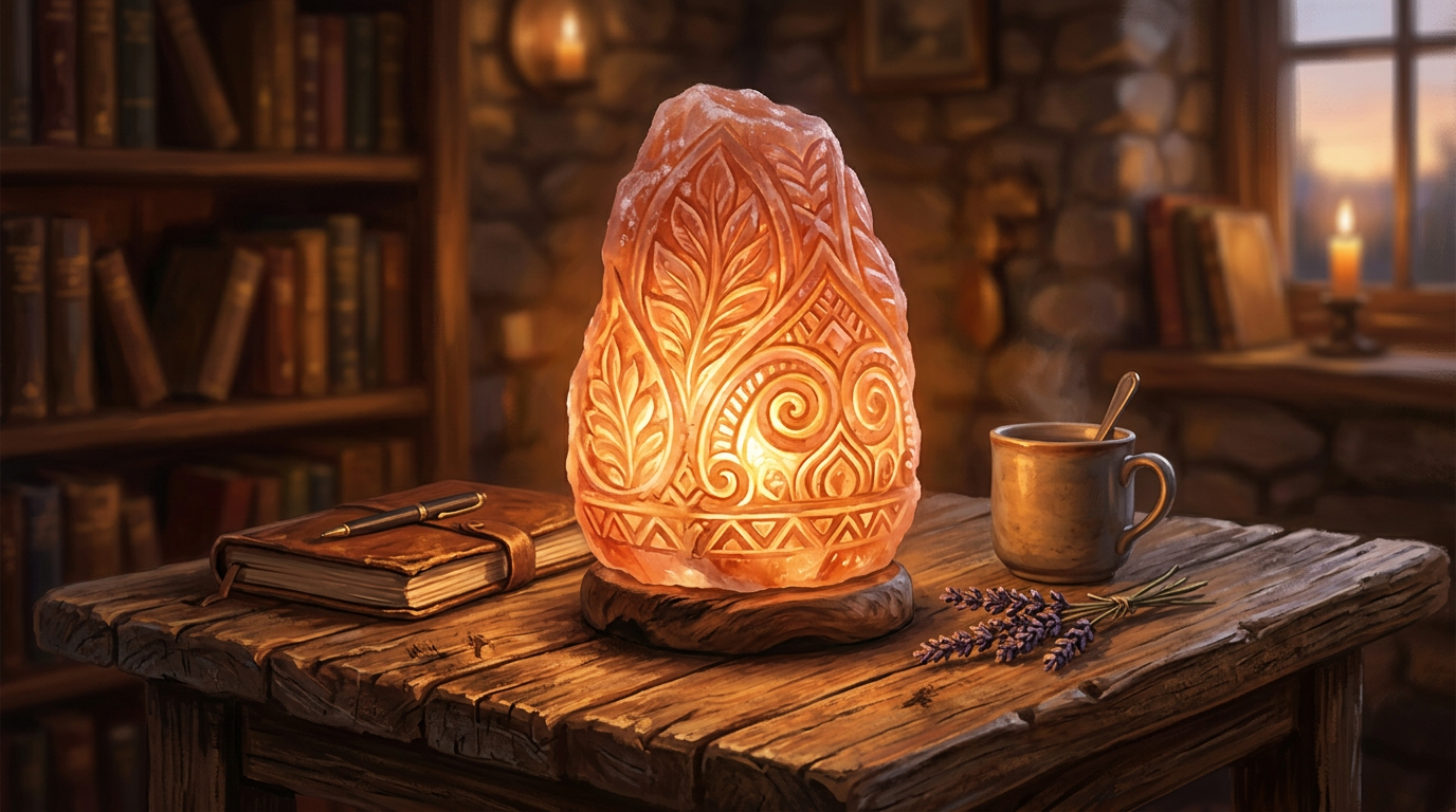 Carved salt lamp glowing on wooden table with journal, pen, steaming mug, and lavender sprigs