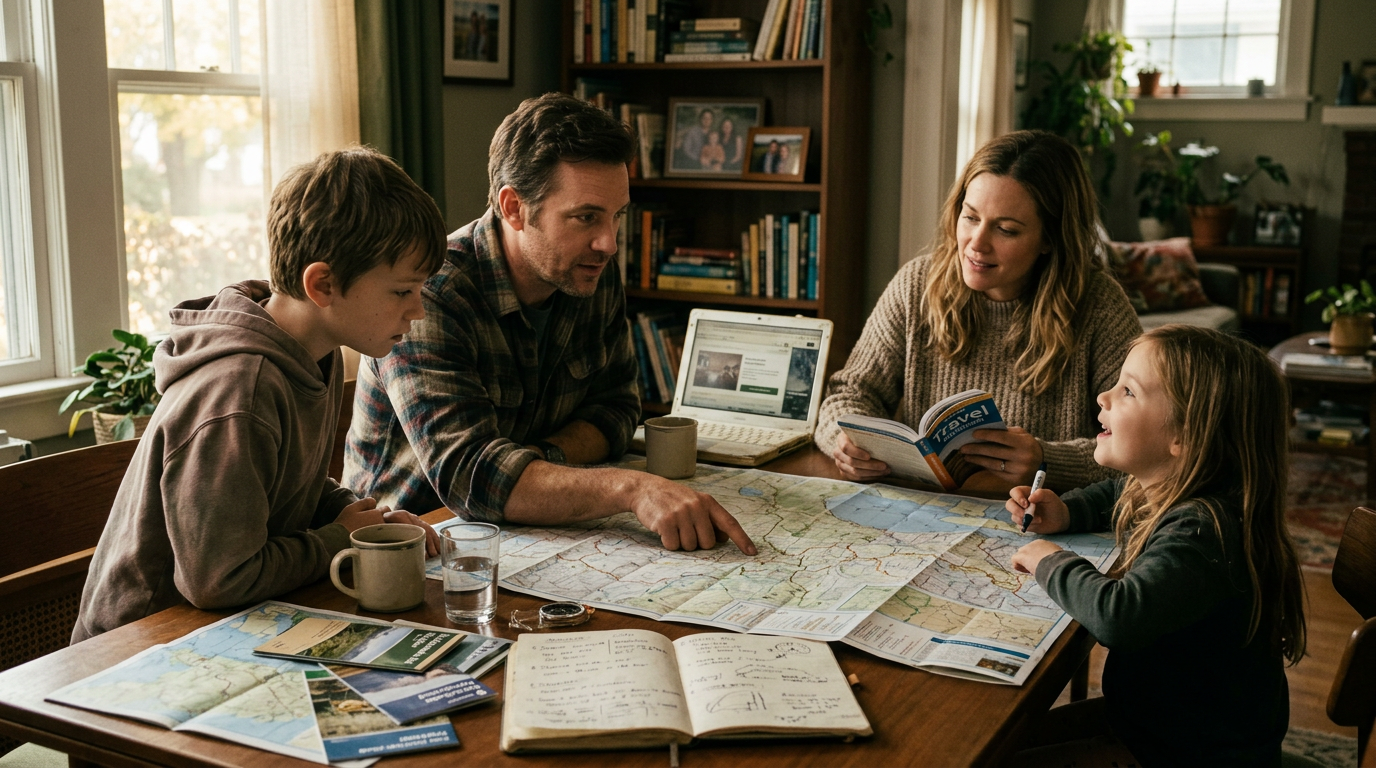 Family planning a trip together with maps, travel guide, and laptop