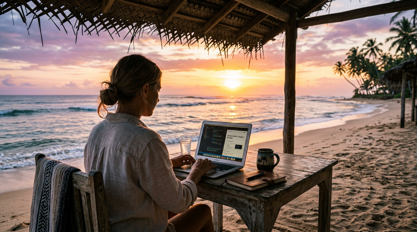 Woman typing on laptop at wooden table by the beach during sunset
