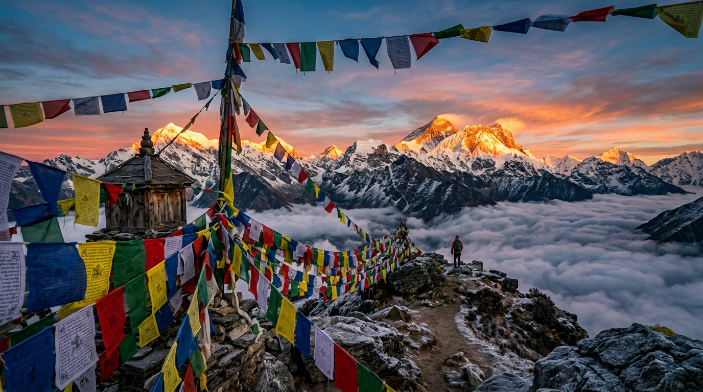 Colorful prayer flags and a hiker on a rocky ridge with snow-capped Himalayan mountains at sunrise