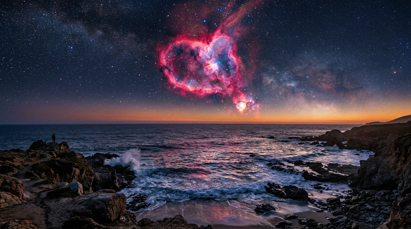Coastline with waves under a starry sky and a large heart-shaped nebula.
