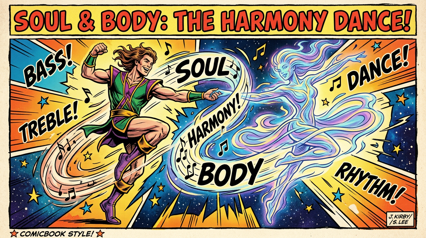 Comic book art showing a muscular man dancing with a glowing ethereal woman, surrounded by musical notes and words like soul, harmony, dance, rhythm.
