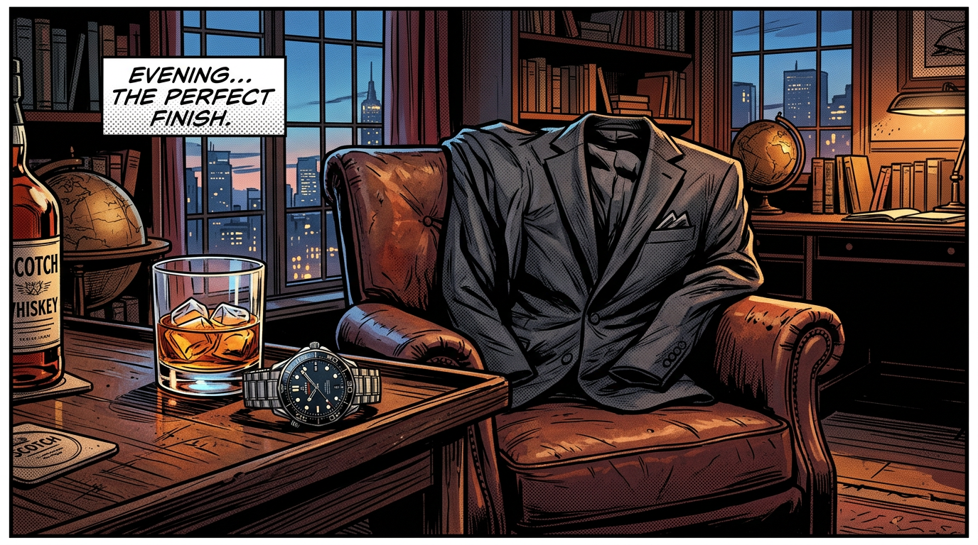Suit jacket, whiskey, watch in evening light