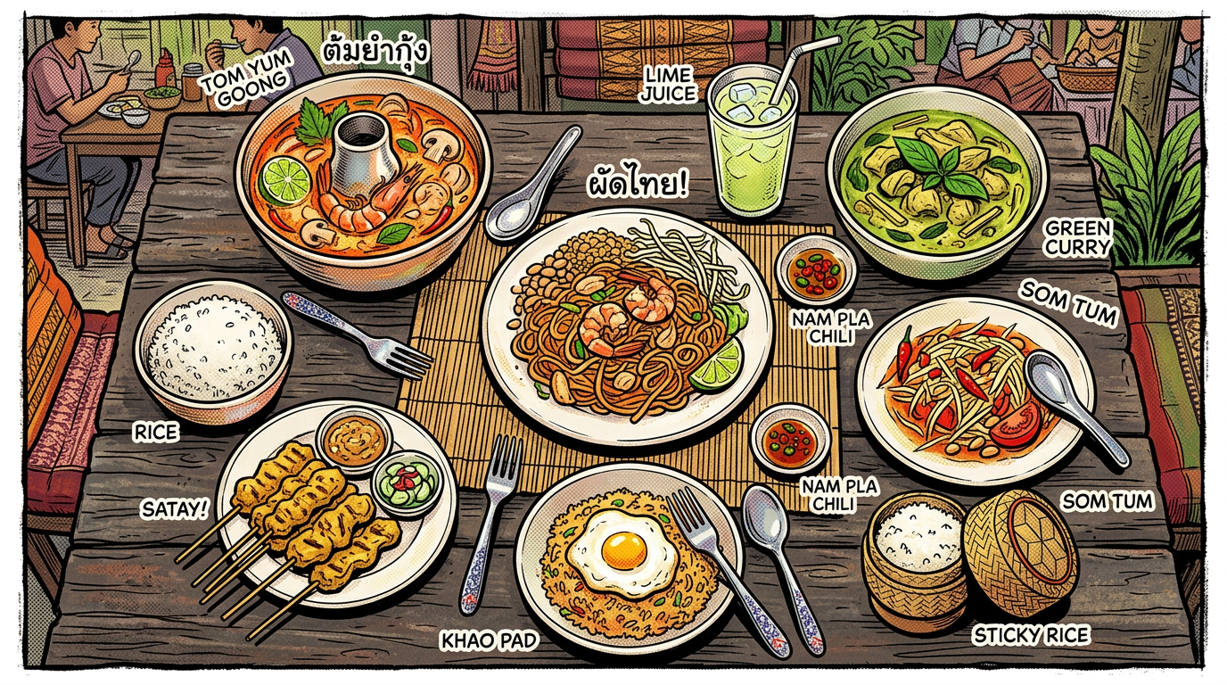 Assortment of traditional Thai dishes with labels including Tom Yum Goong, Satay, Khao Pad, Pad Thai, Green Curry, Som Tum, sticky rice, lime juice, and Nam Pla chili sauce.