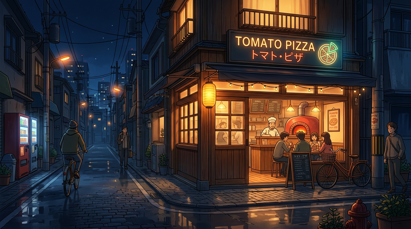 Nighttime street scene with a cozy pizza shop lit warmly, customers inside and outside, wet pavement reflecting lights