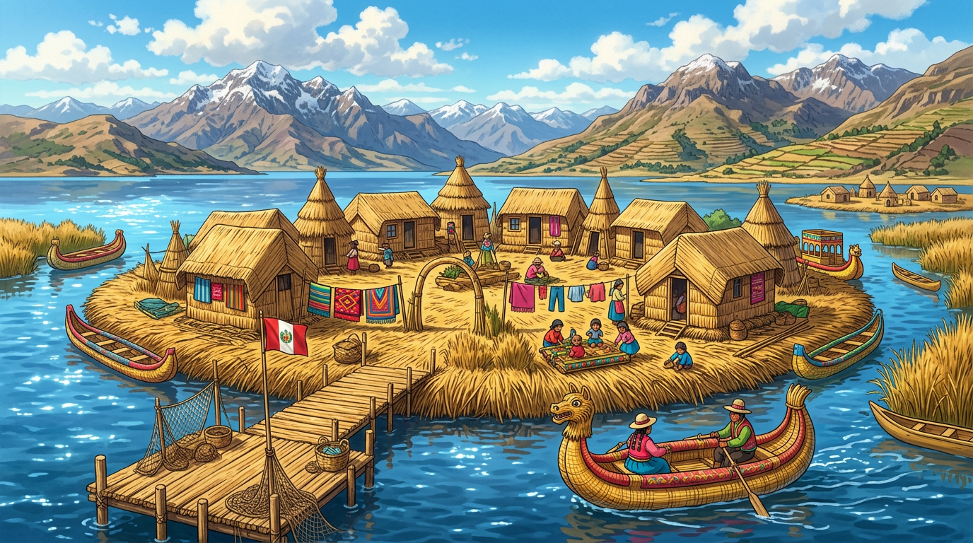 Uros floating island with reed houses, people, boats, and mountains in the background