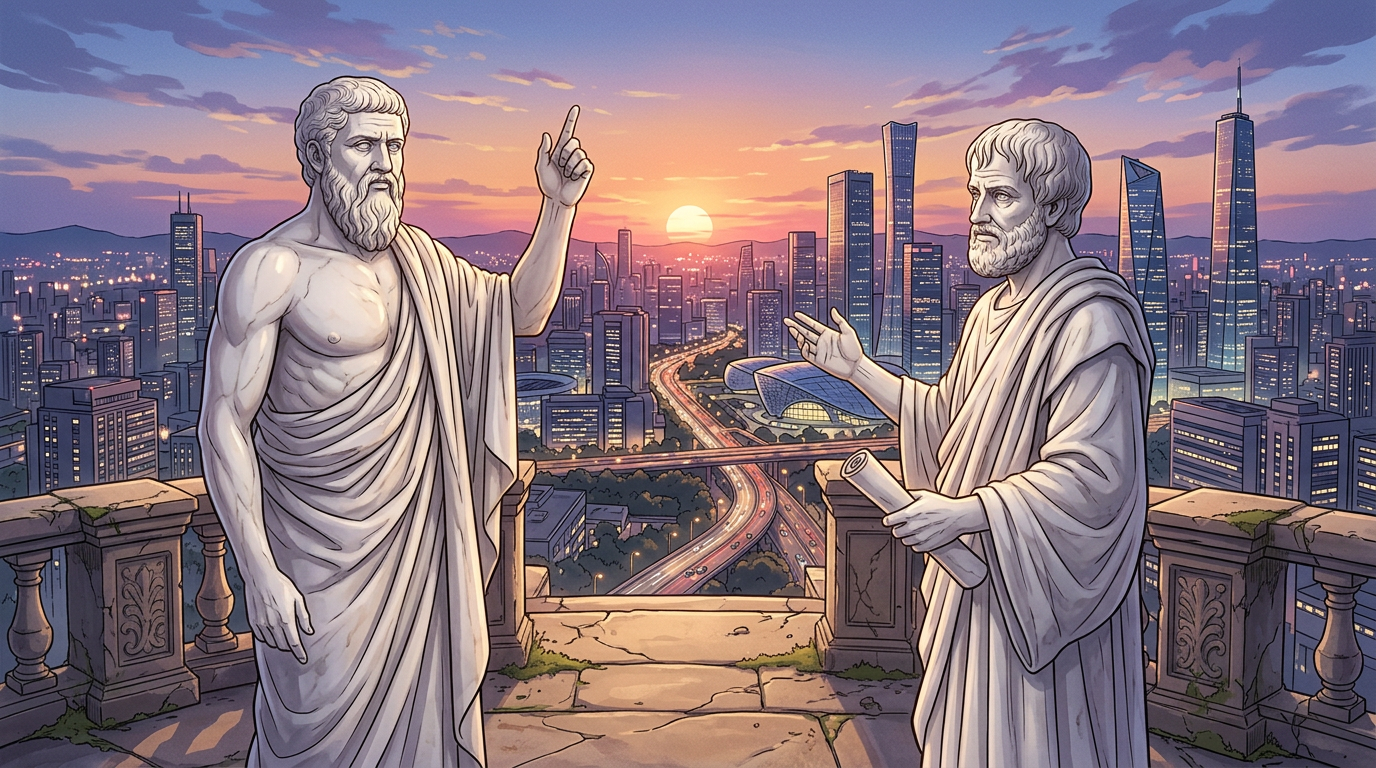 Statues of two ancient Greek philosophers discussing with a modern city skyline and sunset in the background