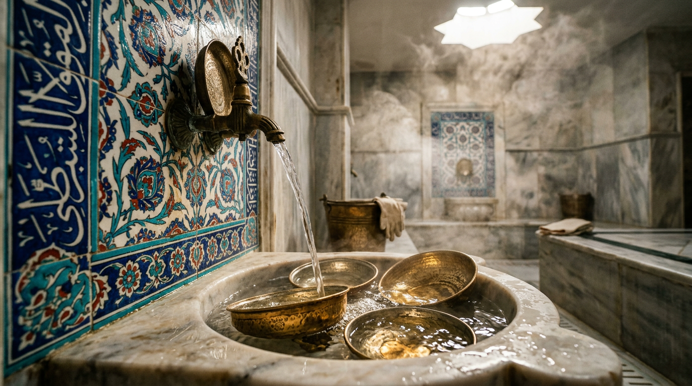 Brass water tap flowing into basin with brass bowls in a steam-filled Turkish bath