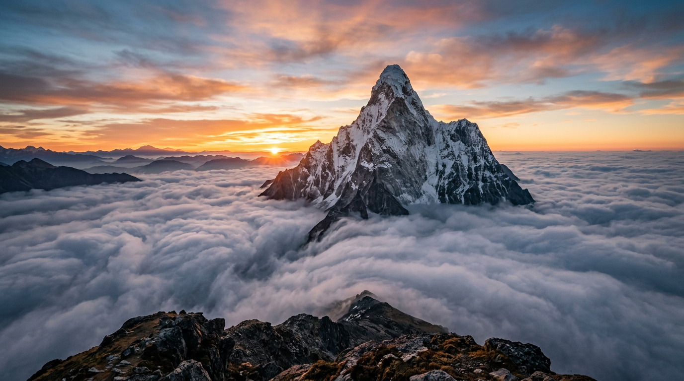 Snowy mountain peak towering over thick clouds at sunset