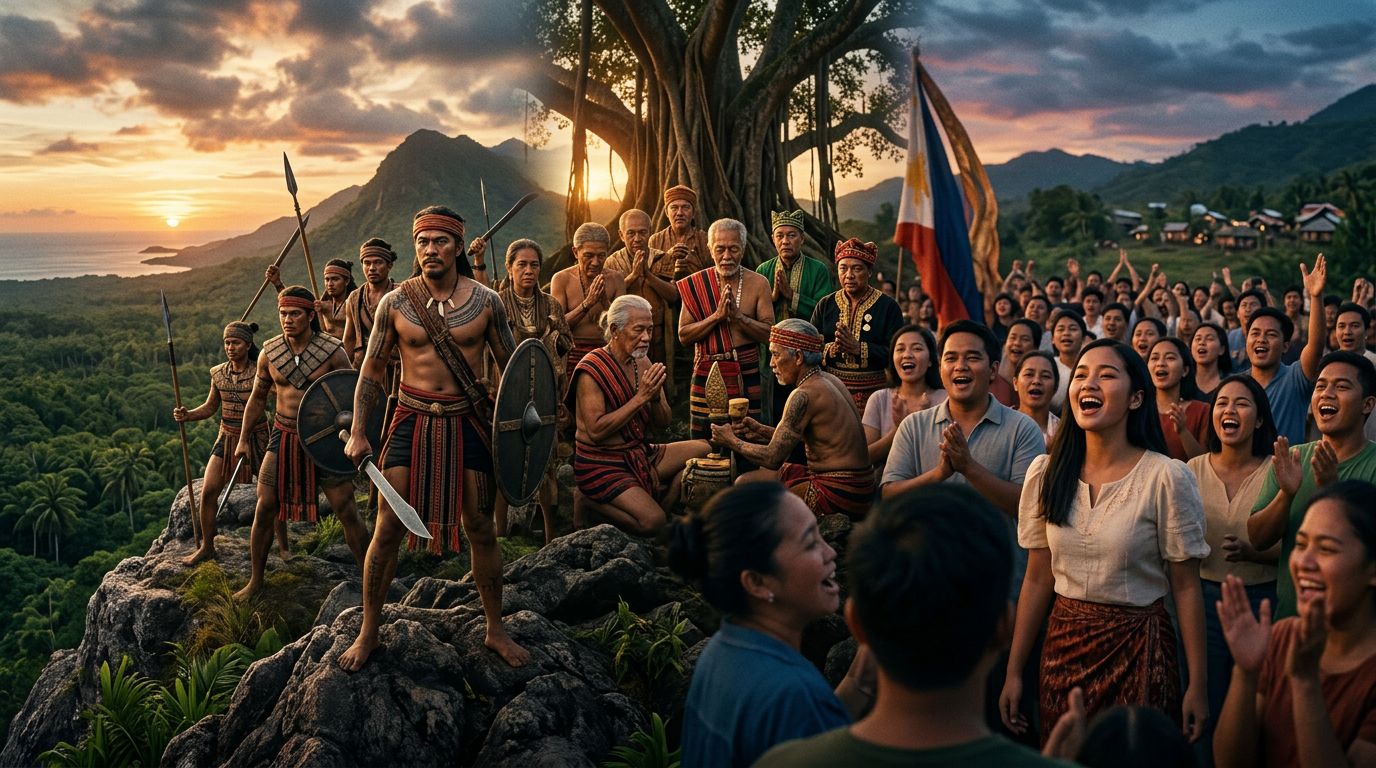 Indigenous warriors and elders in traditional attire join modern Filipinos in a joyous outdoor celebration