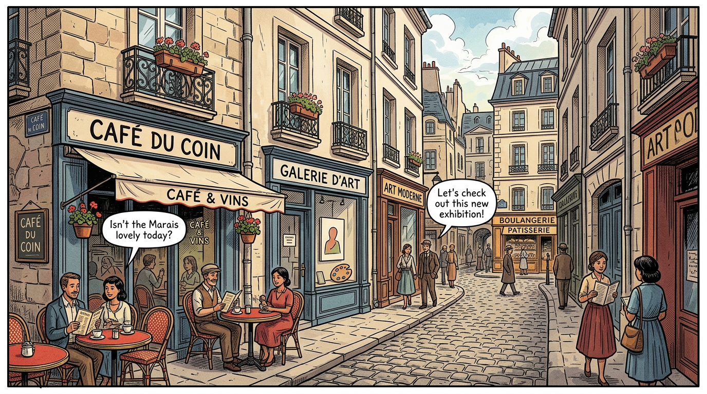 Parisian street with café, art gallery, and people chatting outdoors