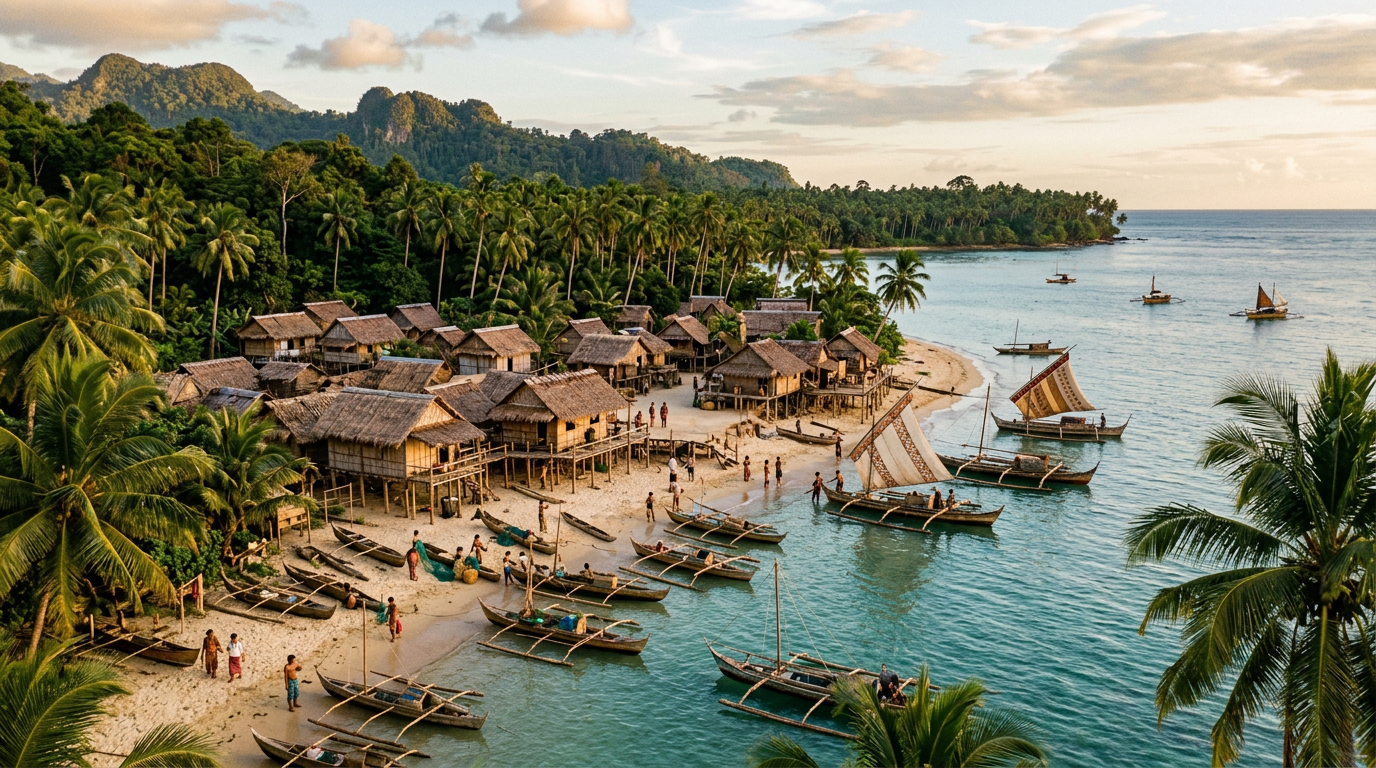 Coastal village with traditional boats, thatched huts, palm trees, and people on beach