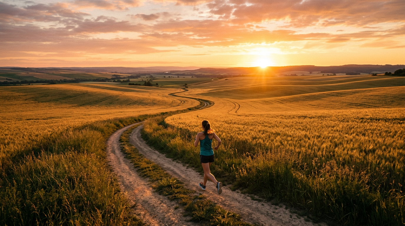 A woman jogging on a dirt trail winding through golden fields during sunset