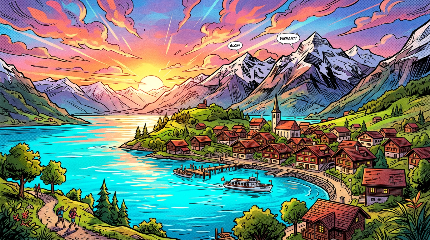 Sunset over mountain village with lake, boats, and hikers on trail