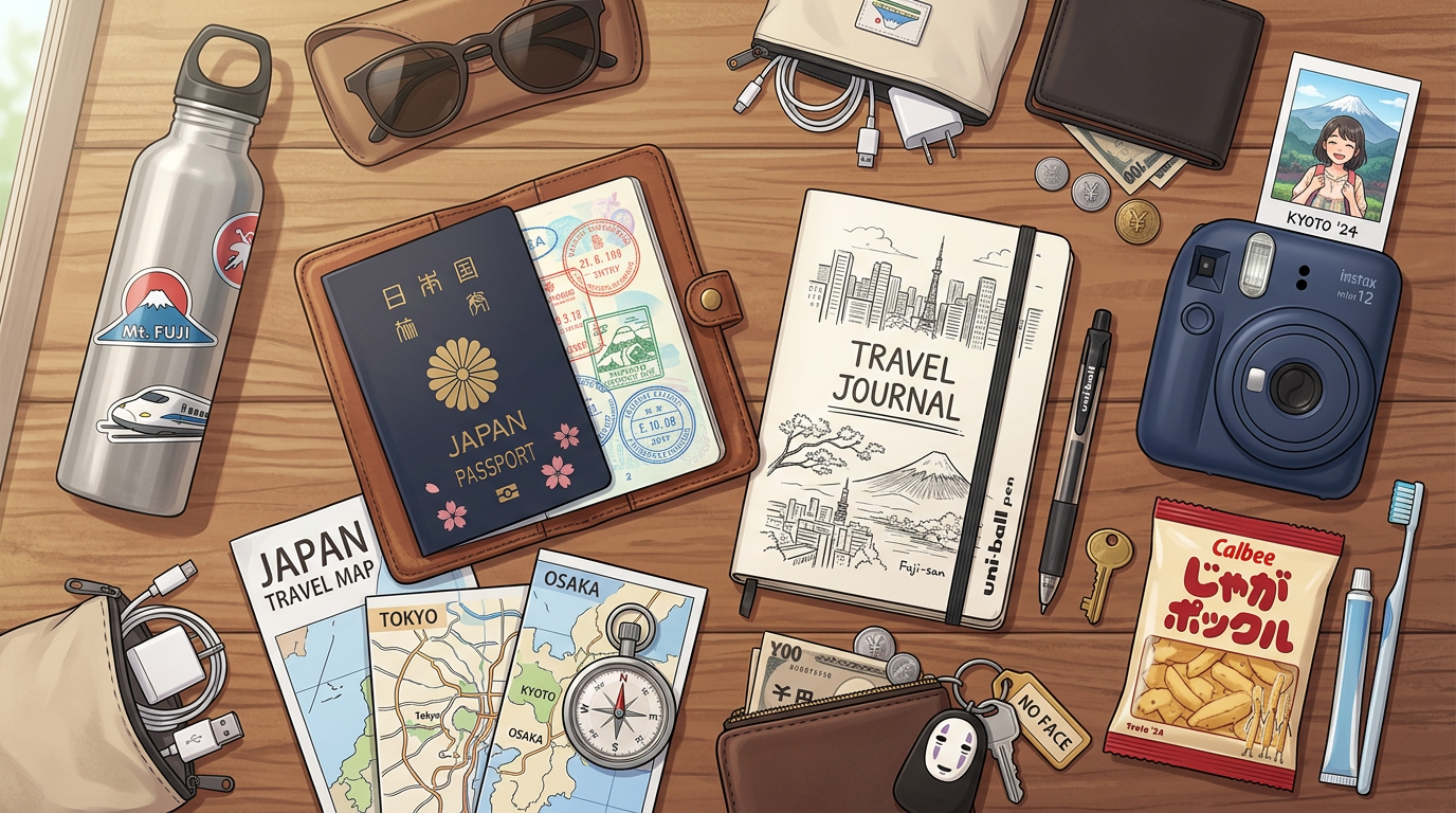 Japanese passport, travel journal, maps, camera, water bottle, and travel accessories laid out on a wooden surface
