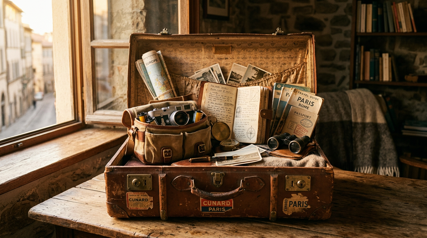 Open vintage suitcase with maps, camera, binoculars, journal, and travel guides inside