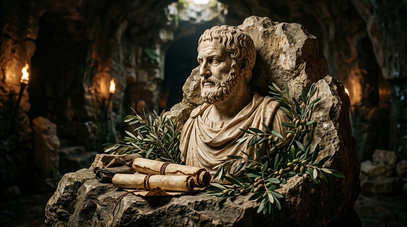 Marble bust of an ancient philosopher with beard, scrolls, and olive branches on stone pedestal