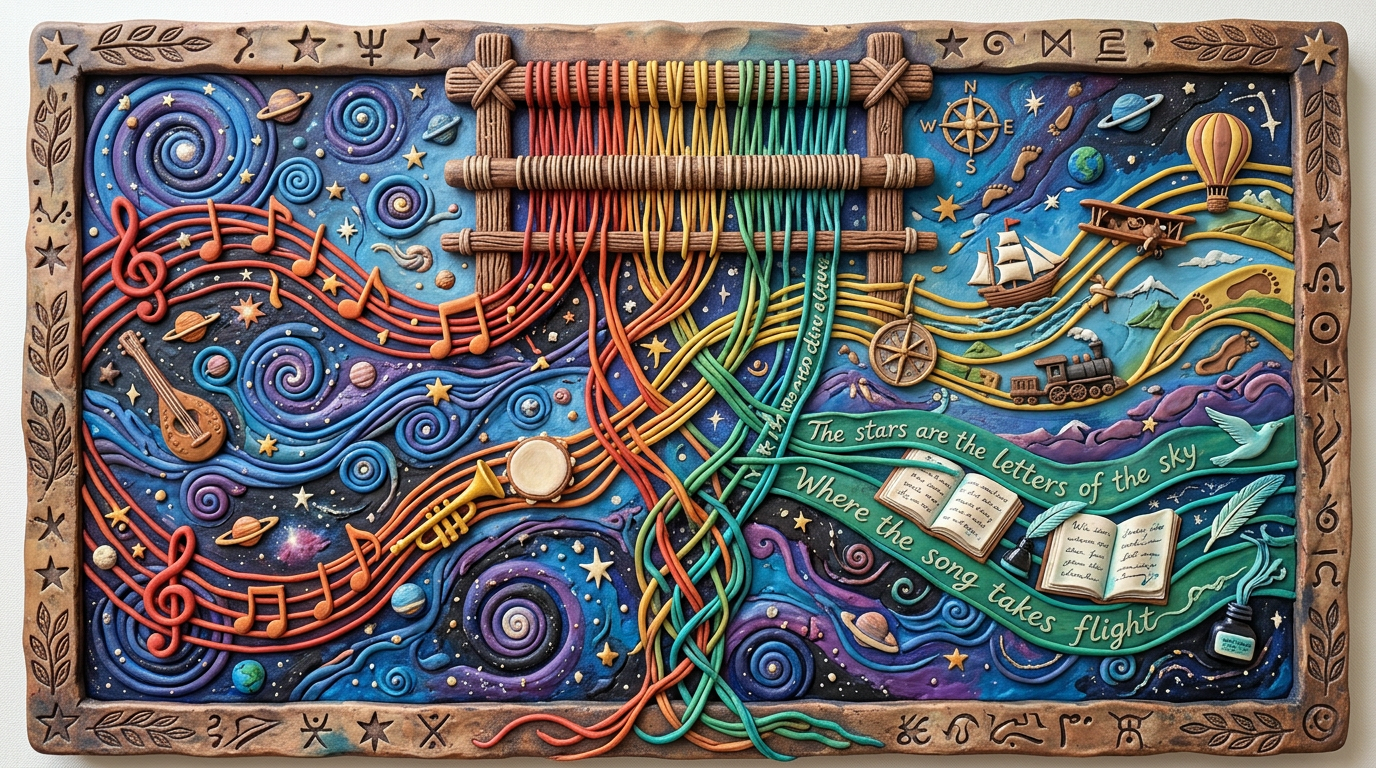 Woven tapestry depicting musical notes, planets, instruments, stars, books, and travel elements symbolizing music and storytelling in space