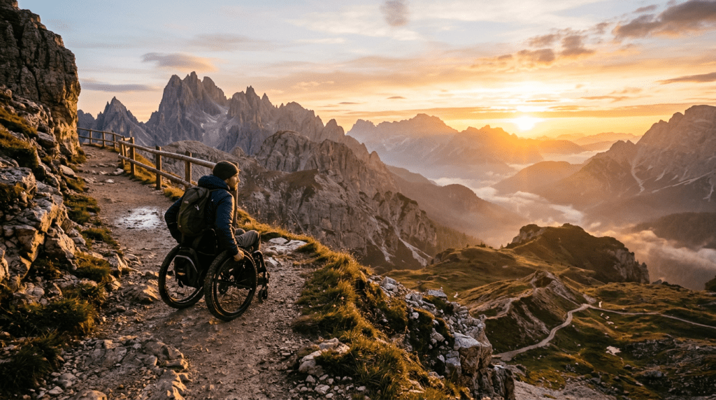 Person in wheelchair on mountain trail overlooking sunrise and peaks