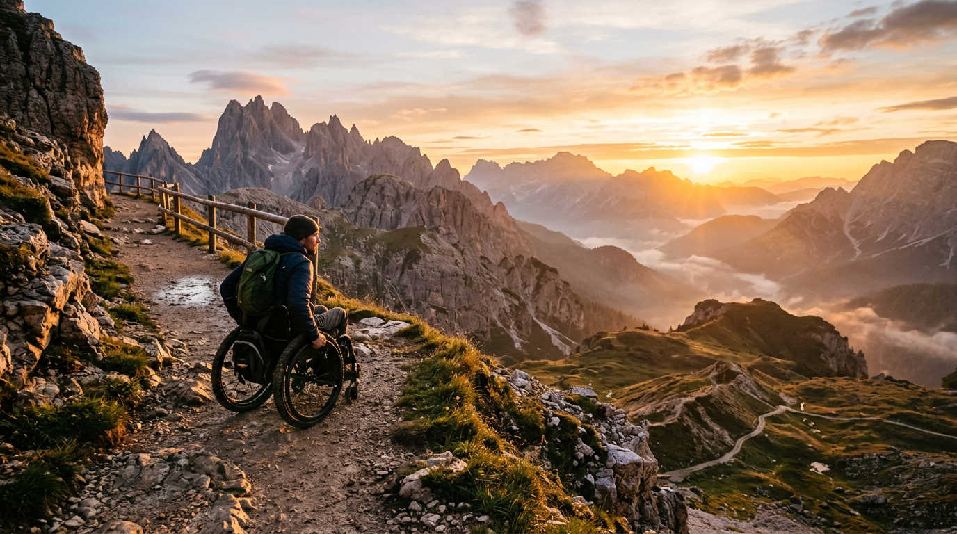 Person in wheelchair on mountain trail overlooking sunrise and peaks