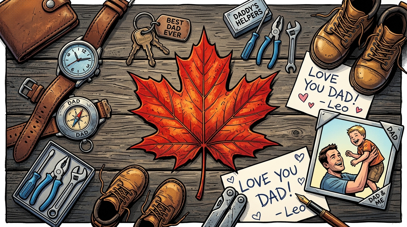 Fatherhood-themed items including watch, compass, tools, boots, maple leaf, keychain, handwritten notes saying Love You Dad - Leo, and photo of father and son