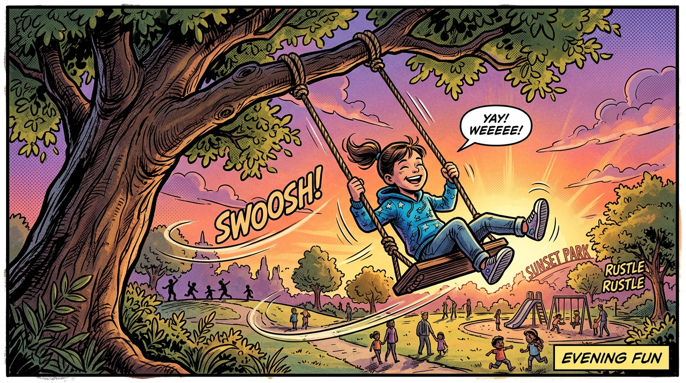 Child swinging happily at Sunset Park during sunset