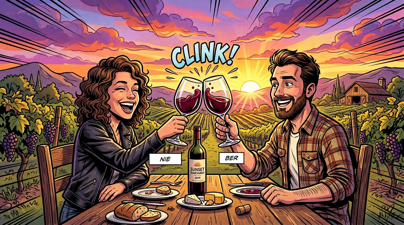 Two people, Carmen and Ben, toasting wine glasses at a table in a vineyard during sunset