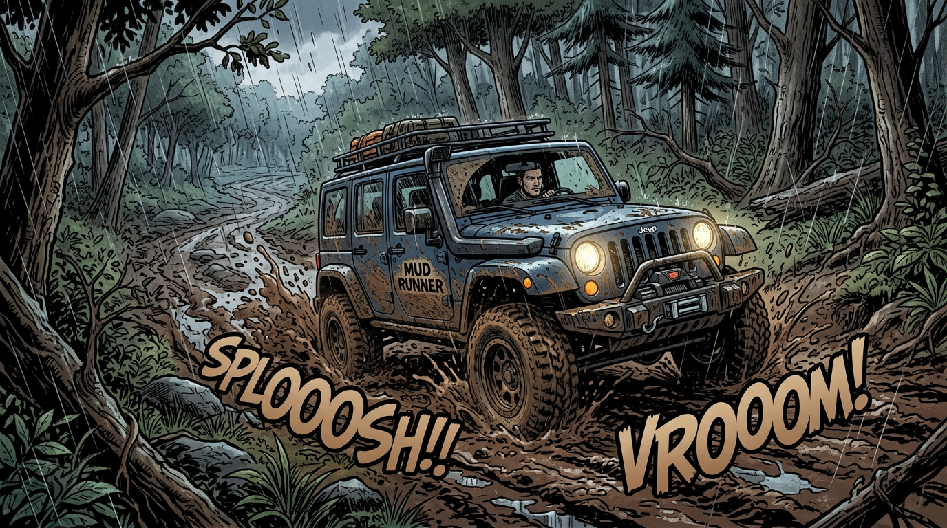Jeep driving through muddy forest trail with rain, splashing mud
