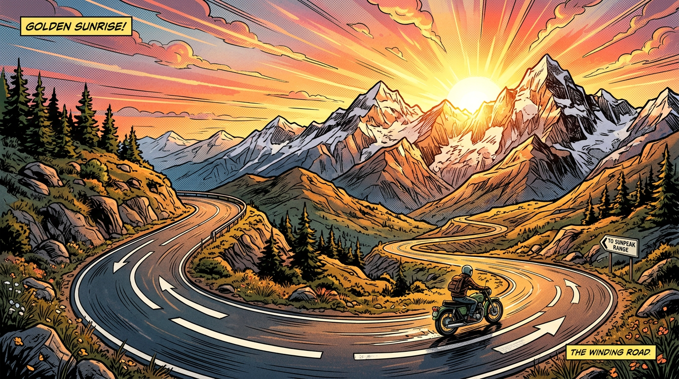Motorcyclist riding on a curvy mountain road toward the sunrise with snow-capped peaks