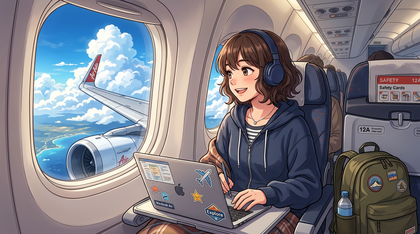 Young woman sitting in airplane seat, wearing headphones, working on laptop with travel stickers, airplane wing visible outside window