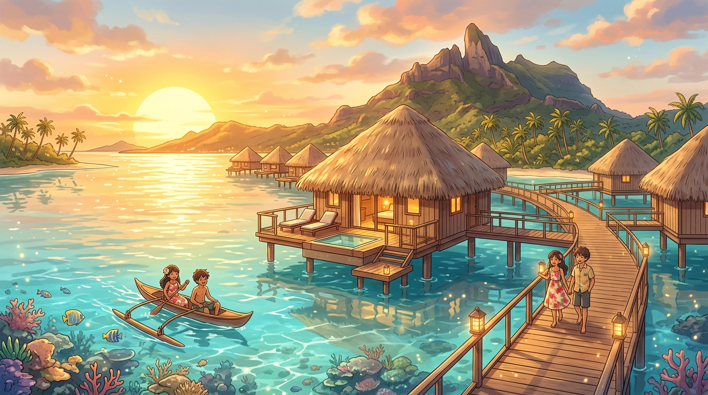 Couple walking on boardwalk and children paddling canoe near overwater bungalows at sunset