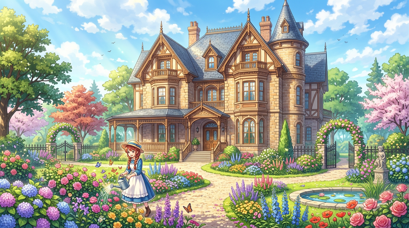 Young girl watering flowers in front of a Victorian mansion with colorful garden and fountain