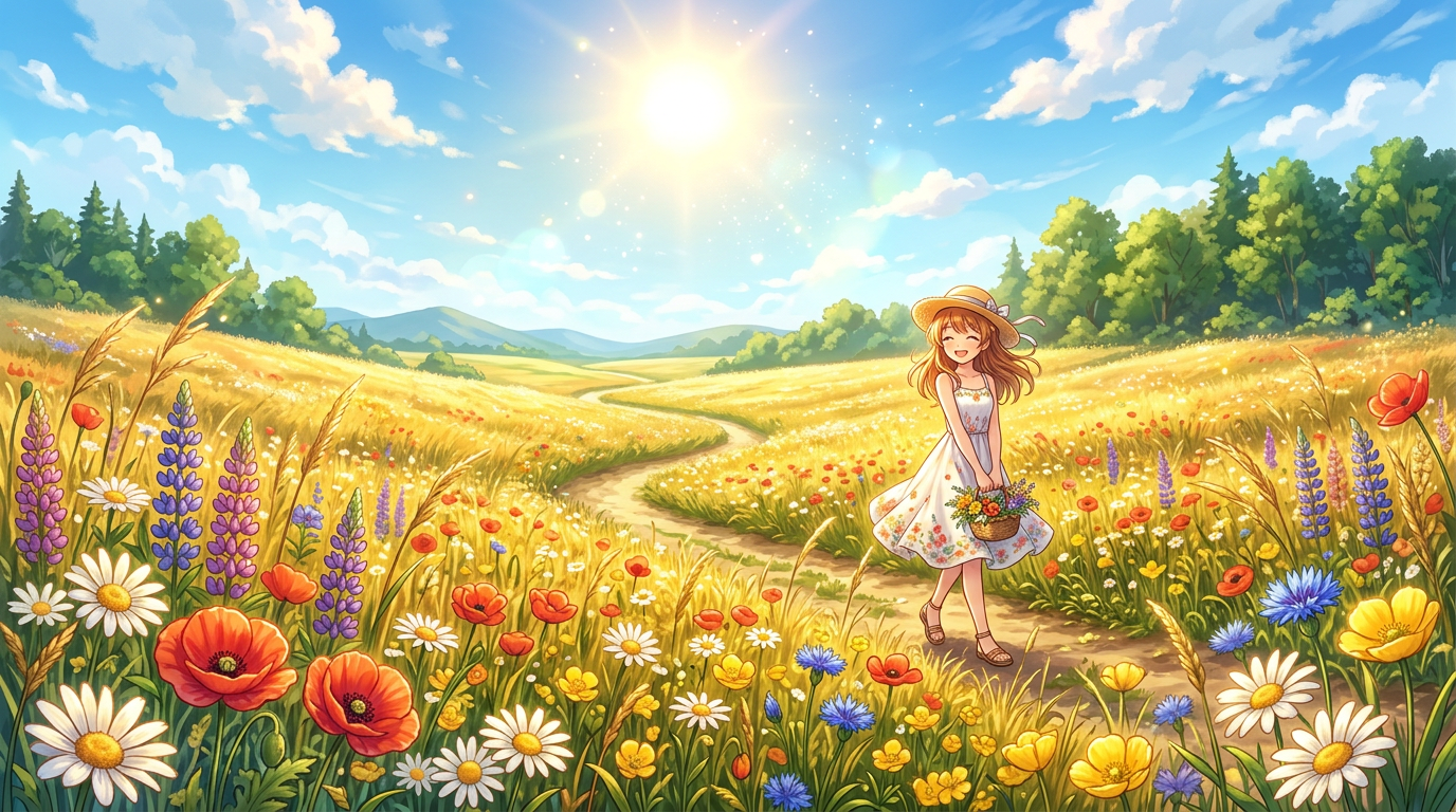 Girl in white dress and hat walking on a path through a colorful flower meadow under bright sun