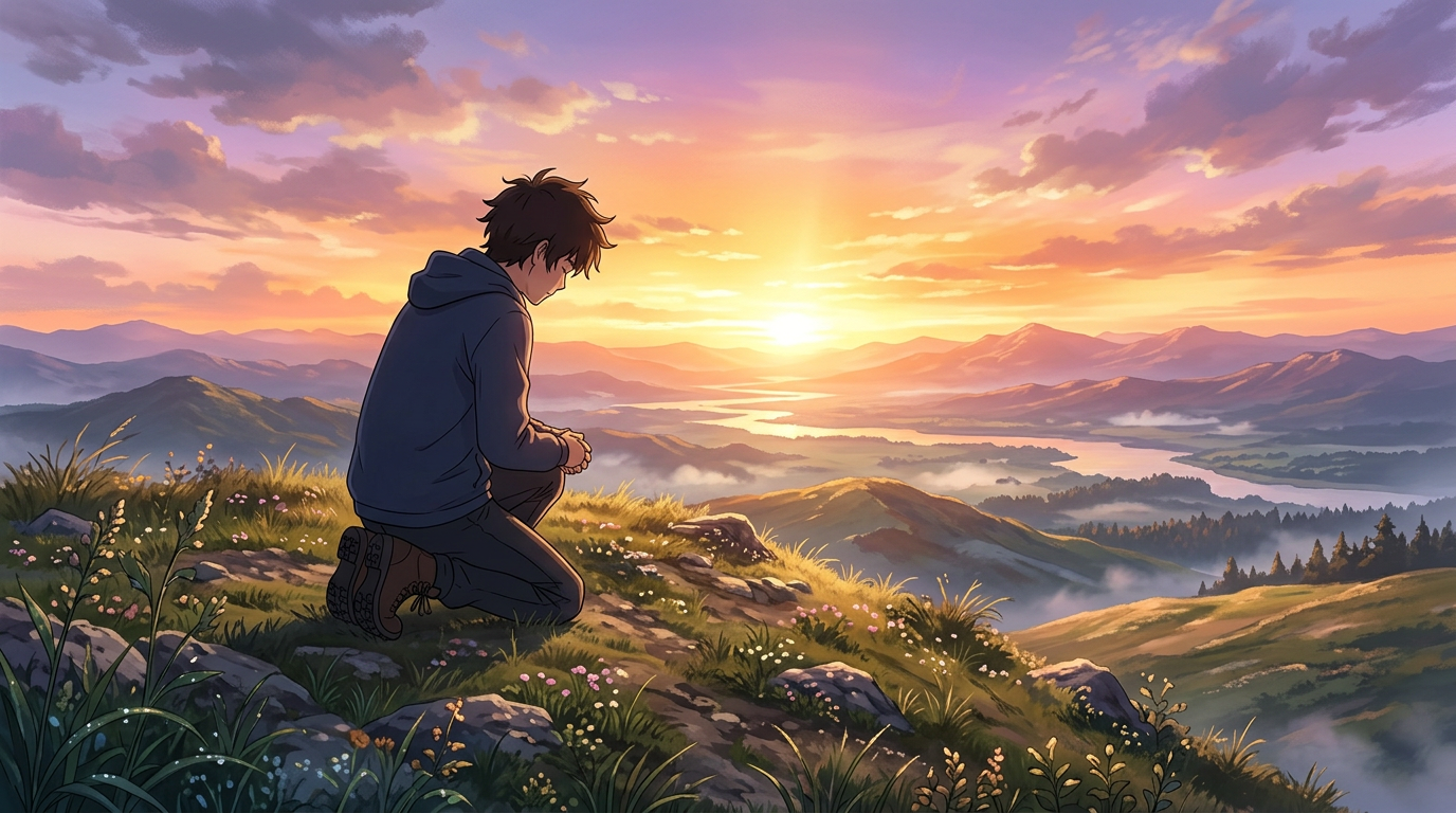 Person kneeling on grassy hillside near wildflowers looking at sunrise over mountains and river