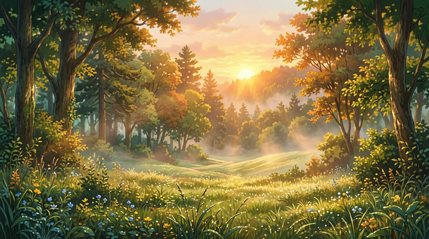 Sunrise illuminating a meadow with wildflowers and mist in a forest clearing