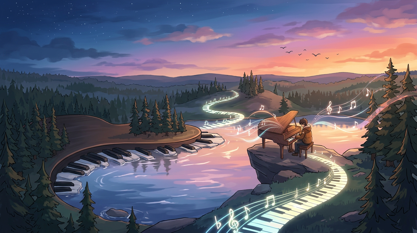 Person playing grand piano on cliff with musical notes and piano keys flowing across river and hills at sunset