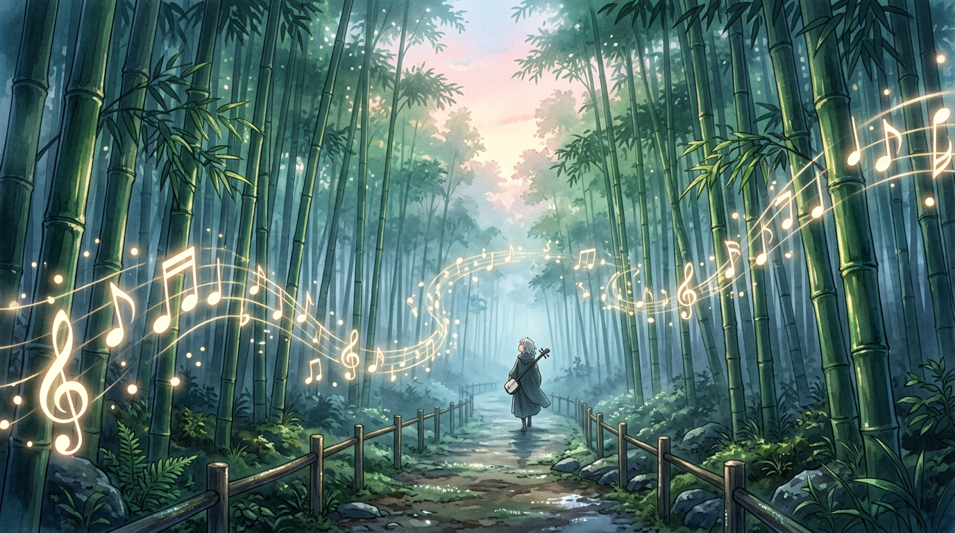 Person walking on a path through a bamboo forest surrounded by glowing musical notes
