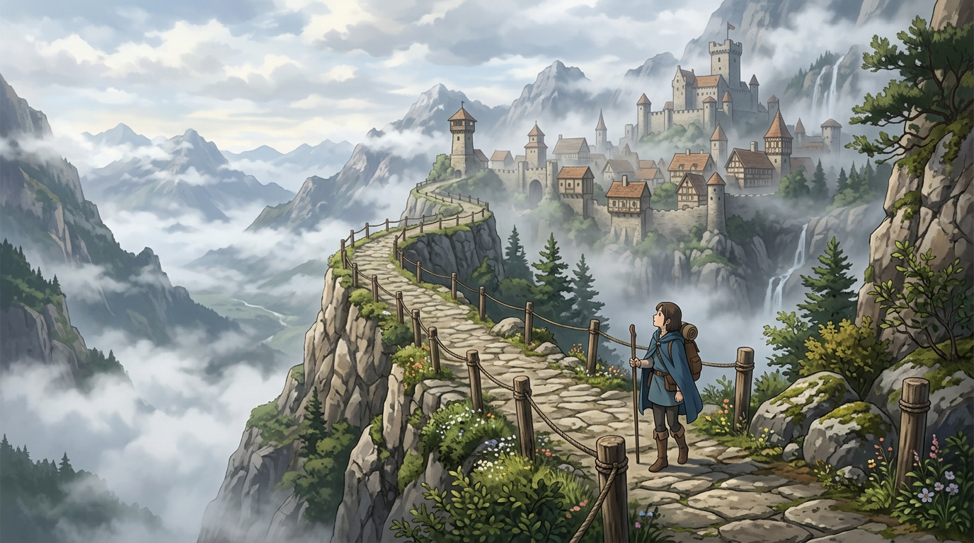 Traveler walking on stone path toward a medieval castle in misty mountains