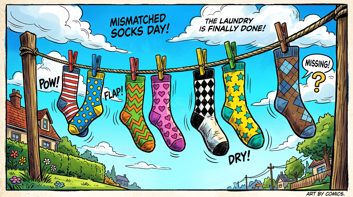 Seven colorful mismatched socks hanging on a clothesline with words indicating laundry completion and a missing sock