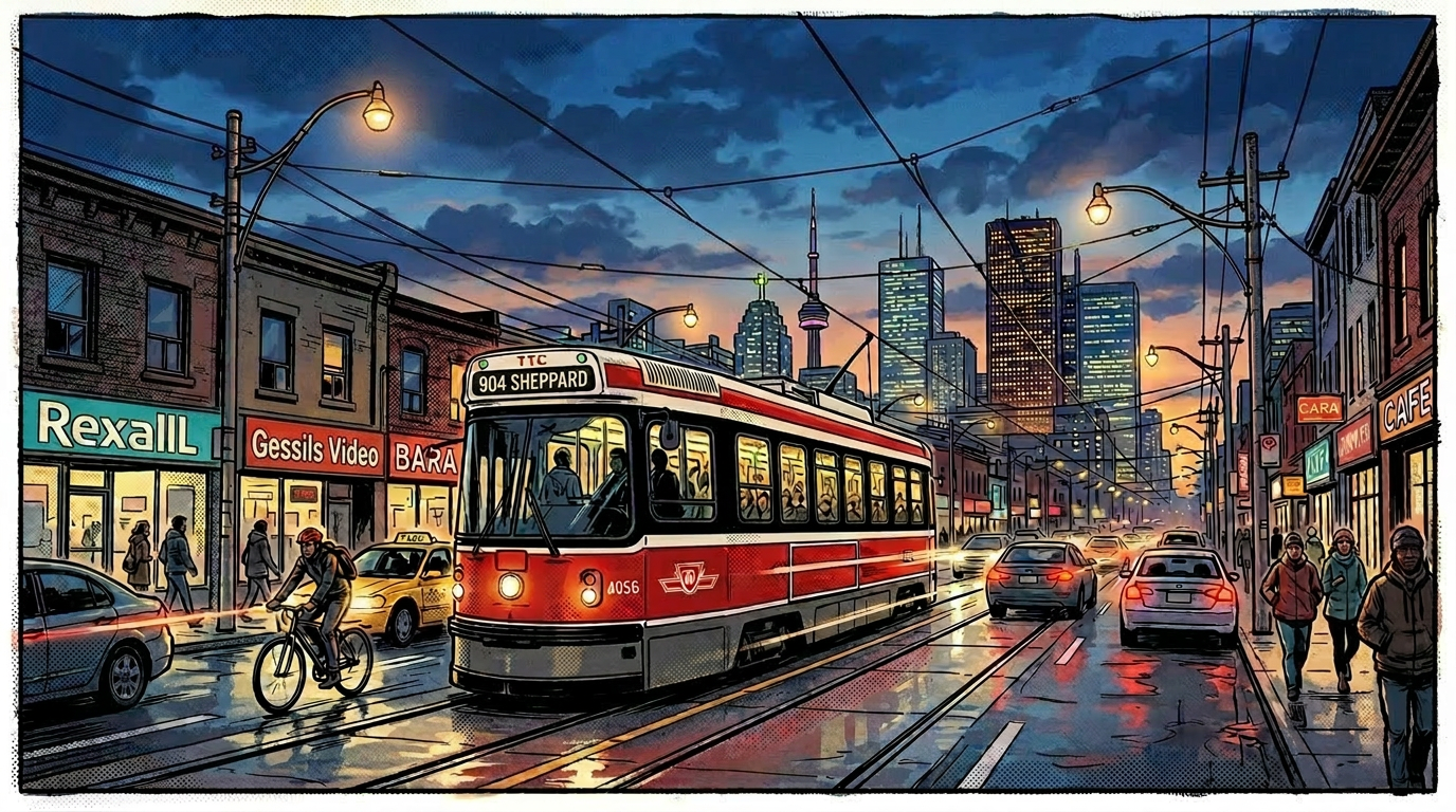 TTC streetcar 4056 on Queen Street with city skyline at dusk