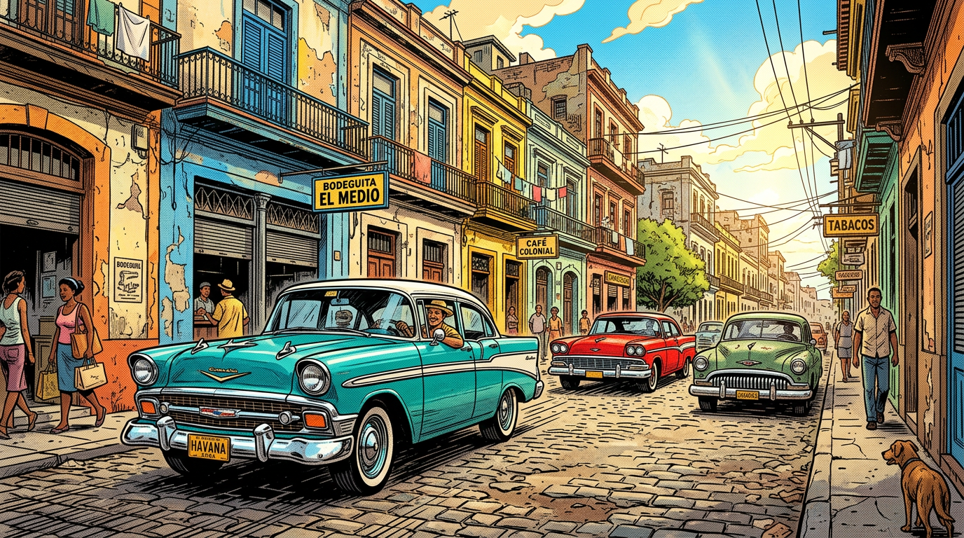 Vintage cars driving along a busy cobblestone street in Havana, Cuba