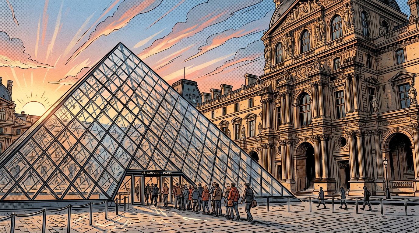 Glass pyramid entrance at Louvre Museum with people lined up at sunset