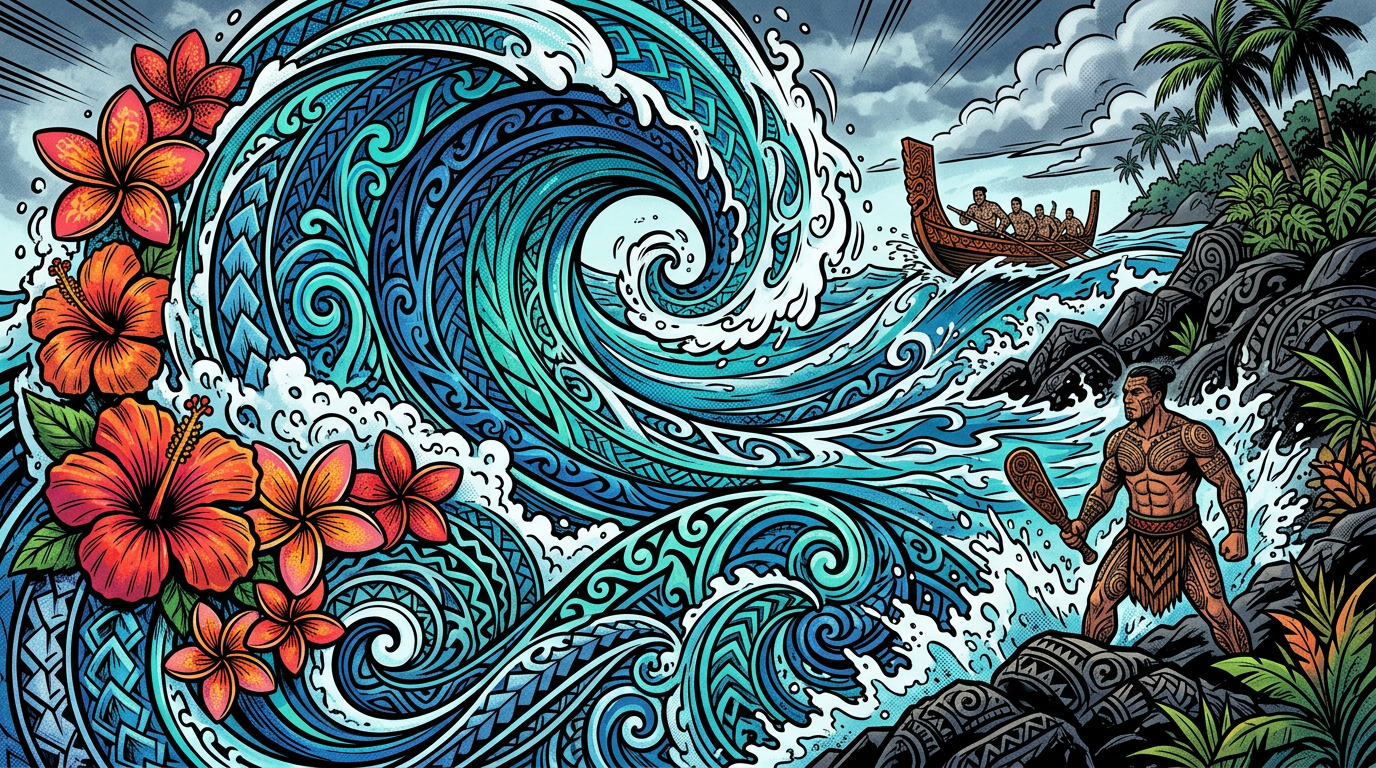 Polynesian tribal patterns with waves and flowers
