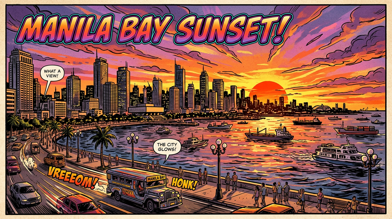 Manila Bay sunset with city skyline, boats on water, traffic, and people walking along the promenade