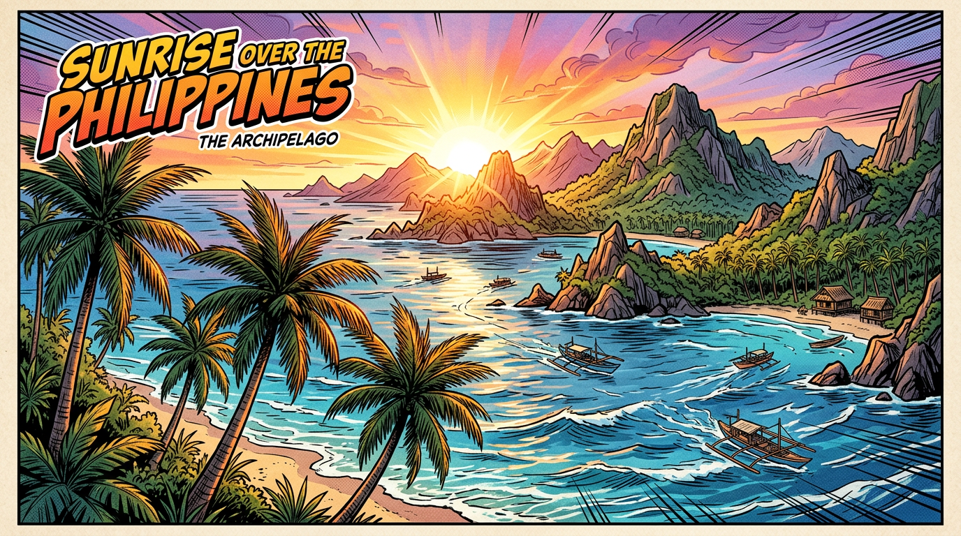 Sunrise with sun rays over ocean, boats, palm trees, rocky mountains, and huts