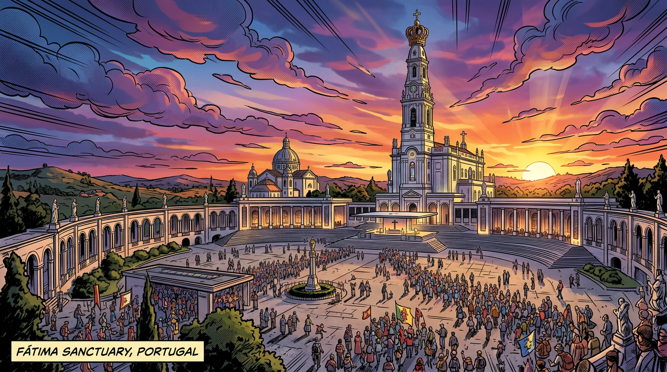 Fátima Sanctuary in Portugal with a large gathering at sunset